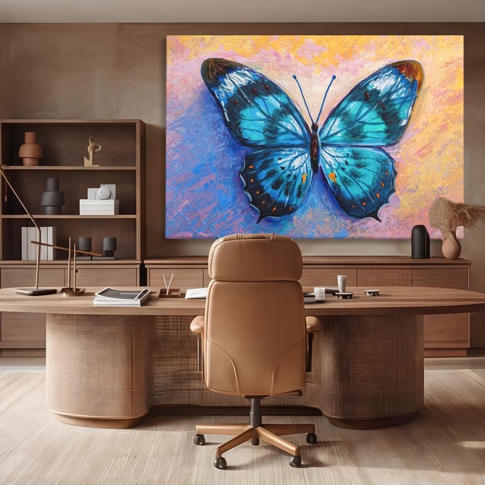 Tablou canvas cu tablou canvas cu fluture albastru, fara rama, pe sasiu de lemn, pe perete intr-un birou